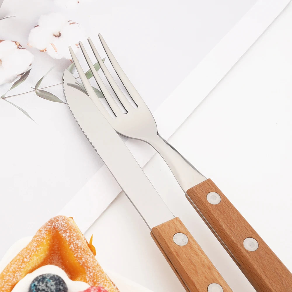 Wooden Handle Cutlery Set – 24 Piece Stainless Steel Knives, Forks & Spoons for Dining & Kitchen