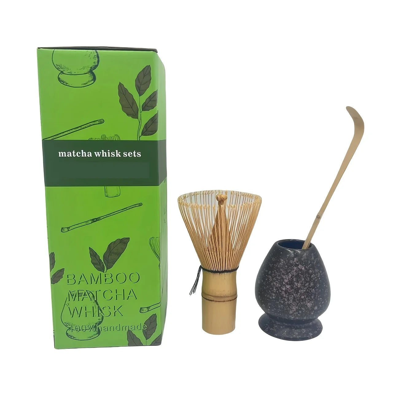Bamboo Matcha Whisk & Scoop Set – 3-Piece Japanese Tea-Making Kit with Ceramic Holder