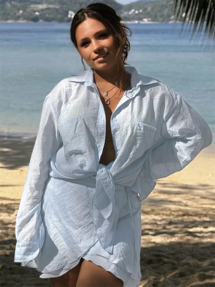 Naomi Summer Beach Co-Ord Set – Long Sleeve Button-Up Shirt and Mini Skirt Two Piece Outfit