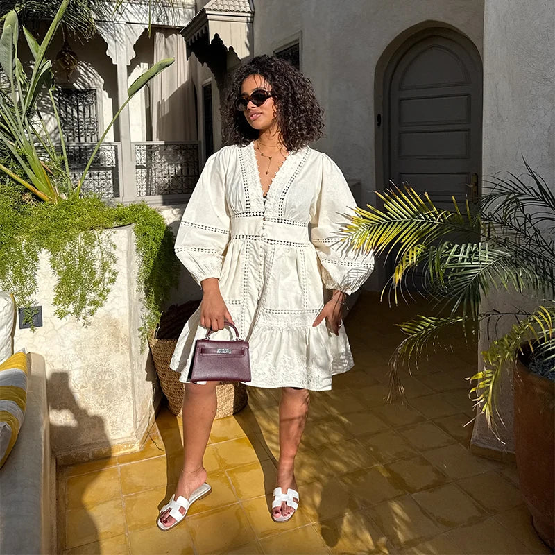 Marisol Long Sleeve Embroidered Maxi Dress – Elegant V-Neck Boho Day Dress in White, Mocha & Black