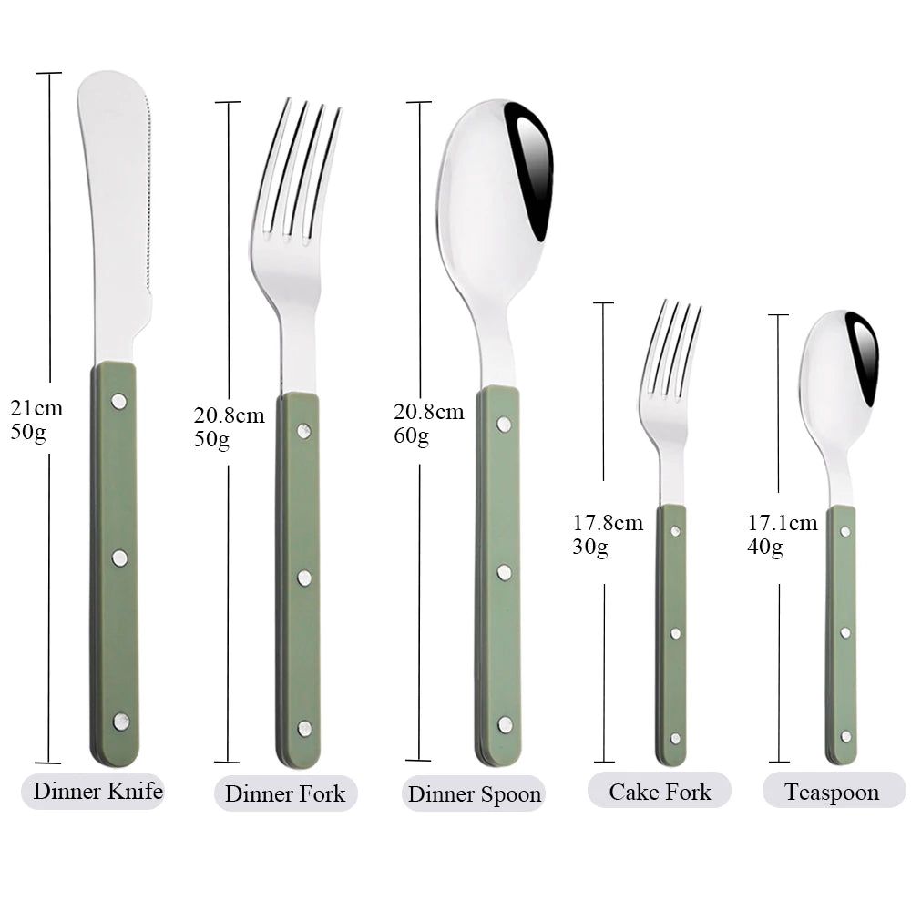 Green/ White Handle Stainless Steel Cutlery Set – 16-Piece Flatware with Forks, Knives & Spoons for Everyday Dining