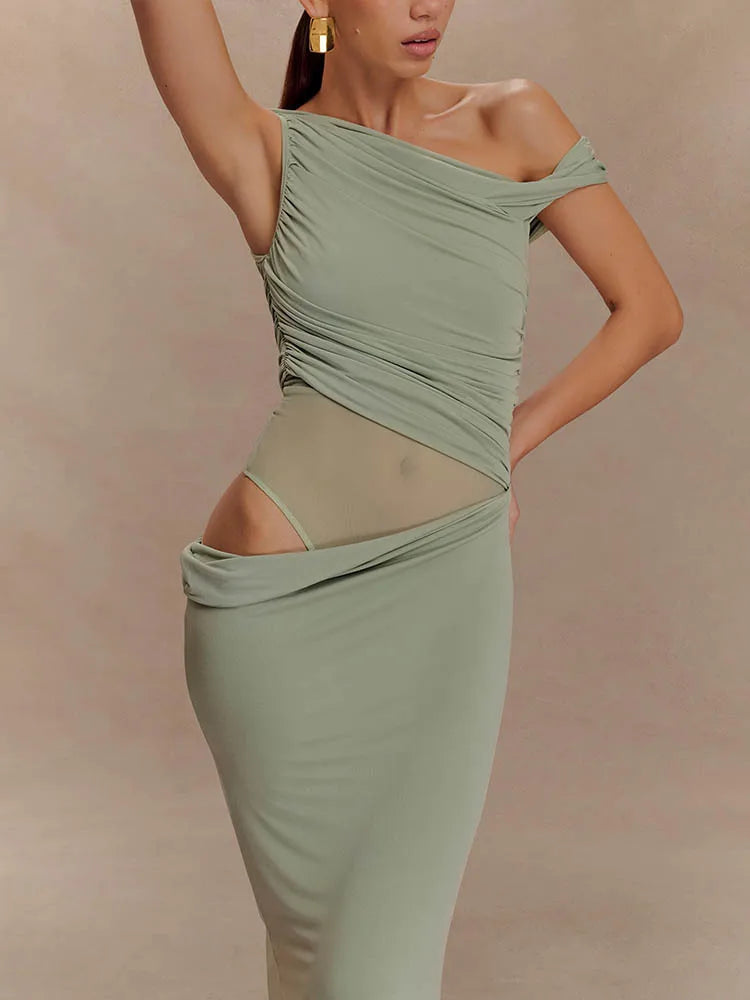 Marcelle One Shoulder Ruched Mesh Cut Out Maxi Dress – Black or Sage Green Summer Bodycon Gown