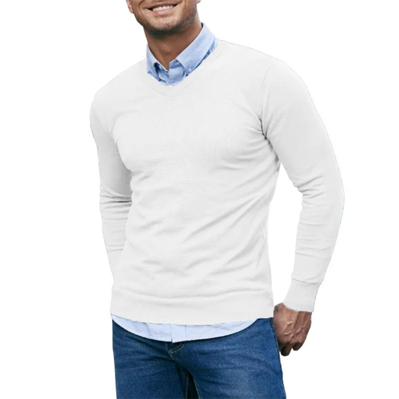 Men’s Slim Fit V-Neck Jumper – Lightweight Long Sleeve Knit Sweater for Autumn & Winter in Navy, Wine Red, Beige, Brown, Black, White, Grey