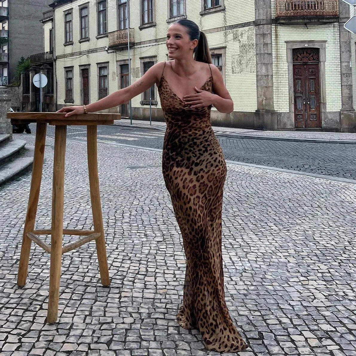 Savara Leopard Print Cowl Neck Maxi Dress – Backless Spaghetti Strap Bodycon Gown