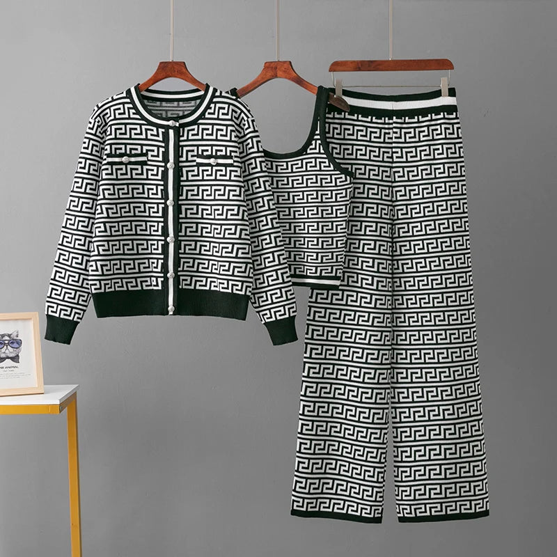 Geometric 3-Piece Knitted Co-ord Set with Crop Top & Cardigan