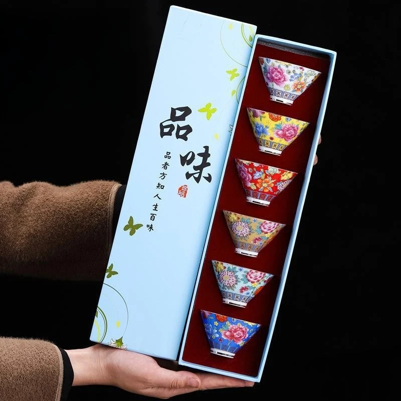 Hanamori Floral Ceramic Tea Bowl Gift Set – 6 Piece Small Tea Cups with Flower Design Gift Box Tea Set