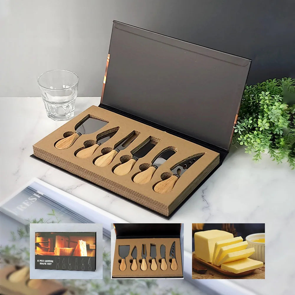 6 Piece Stainless Steel Cheese Knife Set with Walnut Handles – Cheese Board Utensils in Gift Box