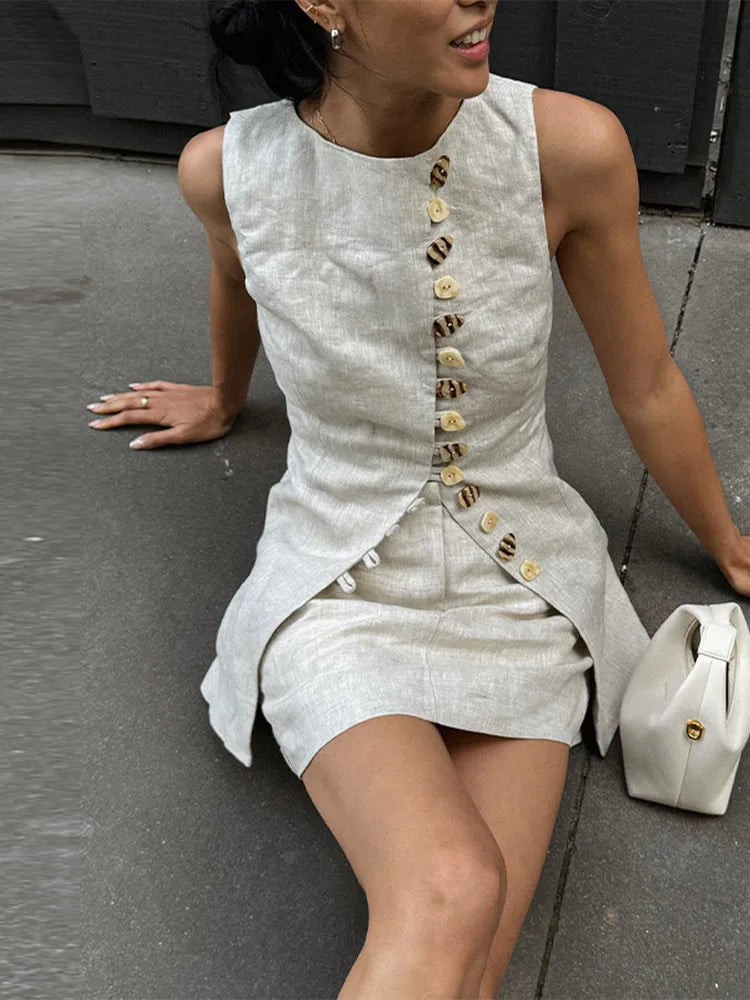 Maris Asymmetric Button Co-ord Set – Sleeveless Vest & Mini Skirt Two-Piece in Natural Beige