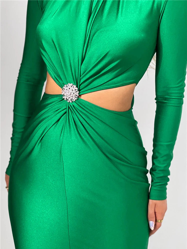 Serena Embellished Cut-Out Turtleneck Bodycon Midi Dress