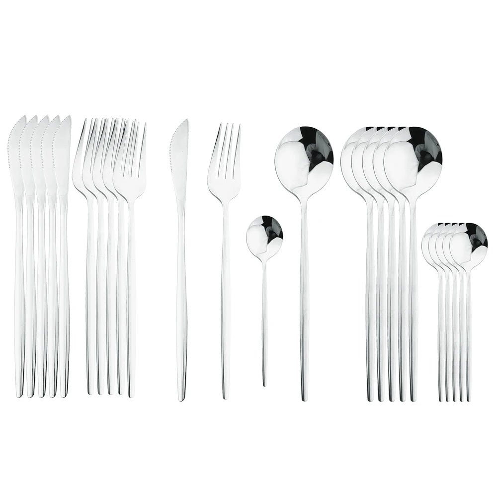 24-Piece Stainless Steel Cutlery Set – Luxury Knife, Fork, Spoon & Teaspoon Flatware Set with Gift Box – Black, Gold, Silver & Mixed Colours