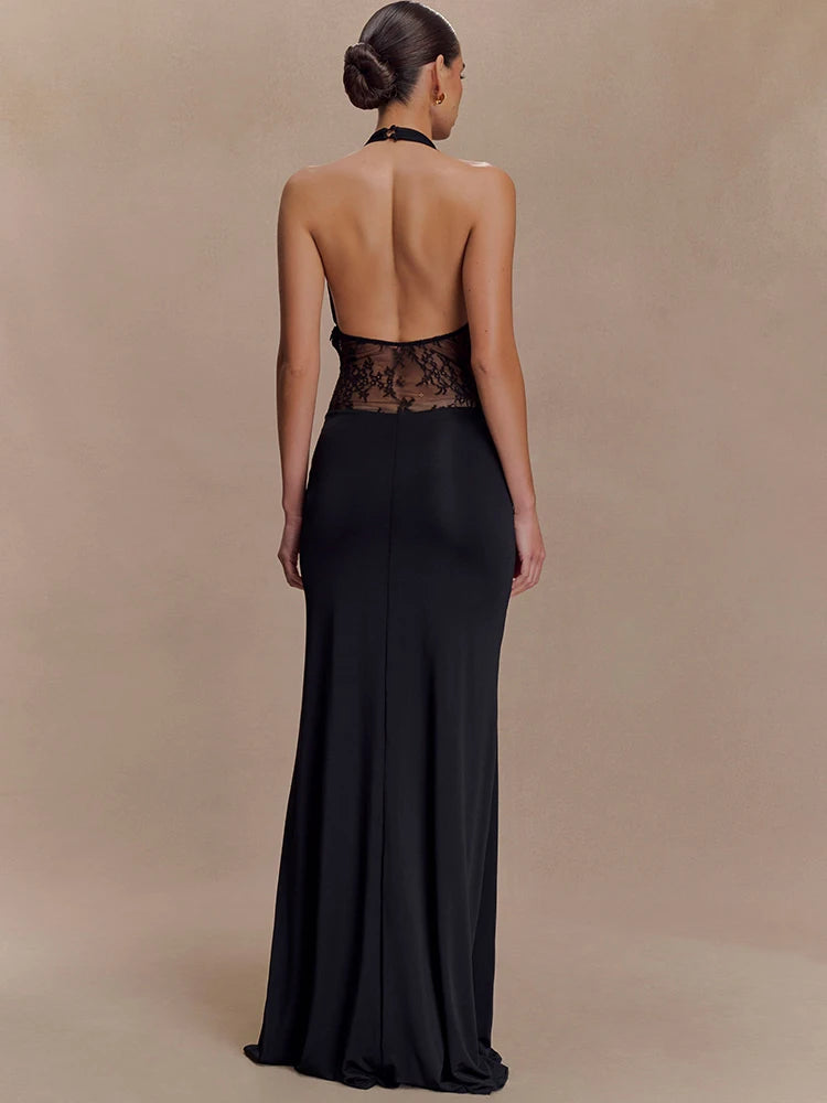 Alessine Lace Halter Maxi Dress – Sheer Panel Ruched Evening Gown for Wedding Guest & Partywear