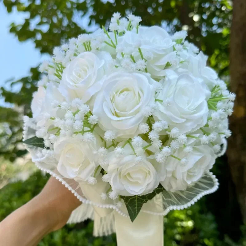 Elodie Peach and Ivory Rose Bridal Bouquet – Wedding Flowers with Pearl Trim