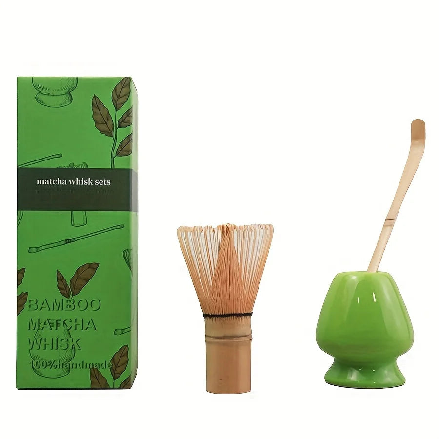 Bamboo Matcha Whisk & Scoop Set – 3-Piece Japanese Tea-Making Kit with Ceramic Holder