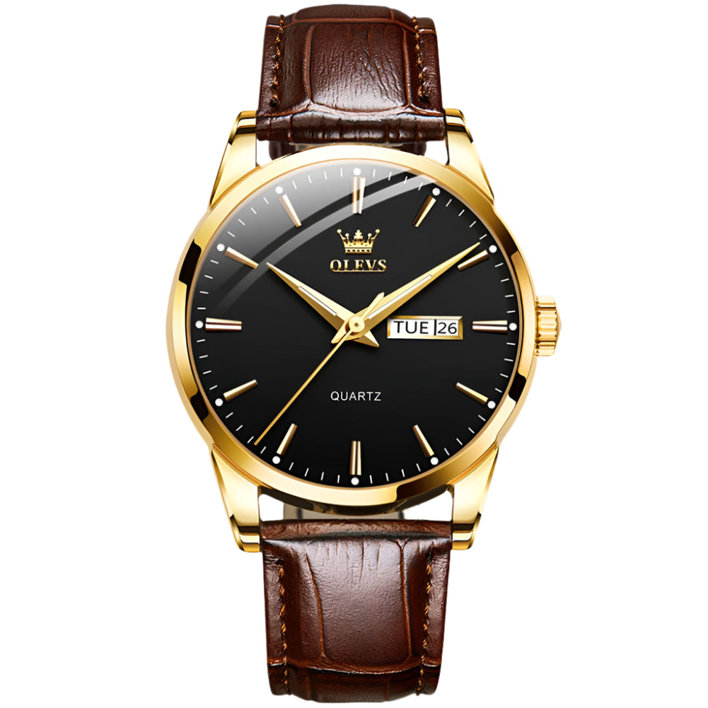Men's Luxury Gold Watch With Leather Strap And Day/Date Display