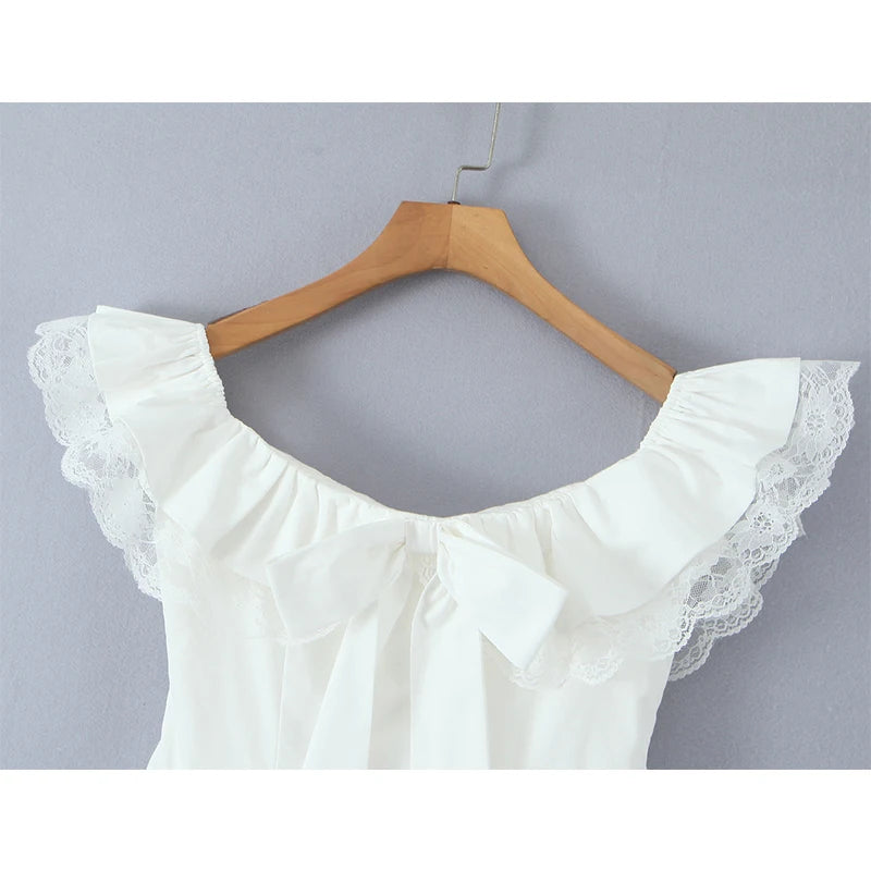 Evienne Off-Shoulder Corset Mini Dress – White Ruffle Bow Summer Dress for Garden Parties and Holiday Looks