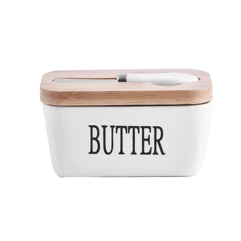 Ceramic Butter Dish with Wooden Lid & Knife – White Kitchen Storage Container