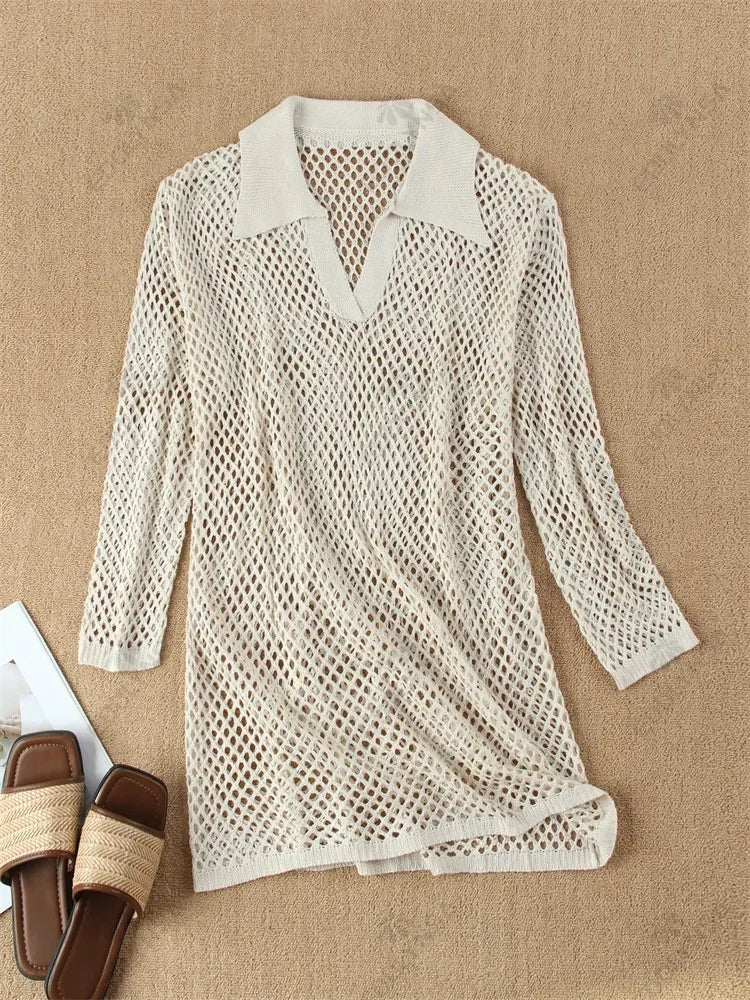 Avina Crochet Beach Shirt Dress Cover-Up – Long Sleeve Summer Holiday Mesh Tunic