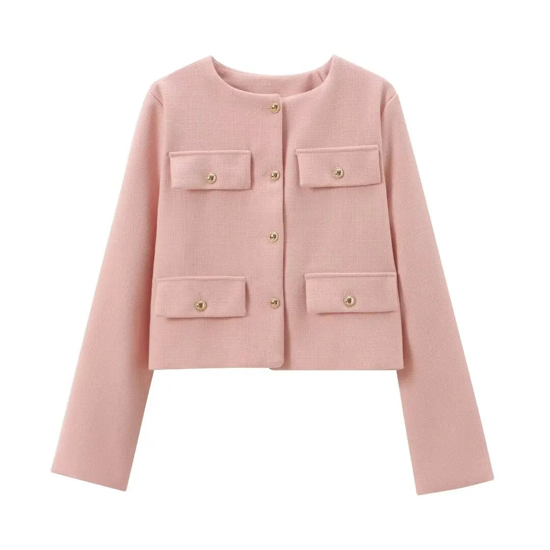 Giada Gold Button Pocket Jacket – Tailored Cropped Blazer-Style Spring Jacket in Cream, Black, Red, Beige & More