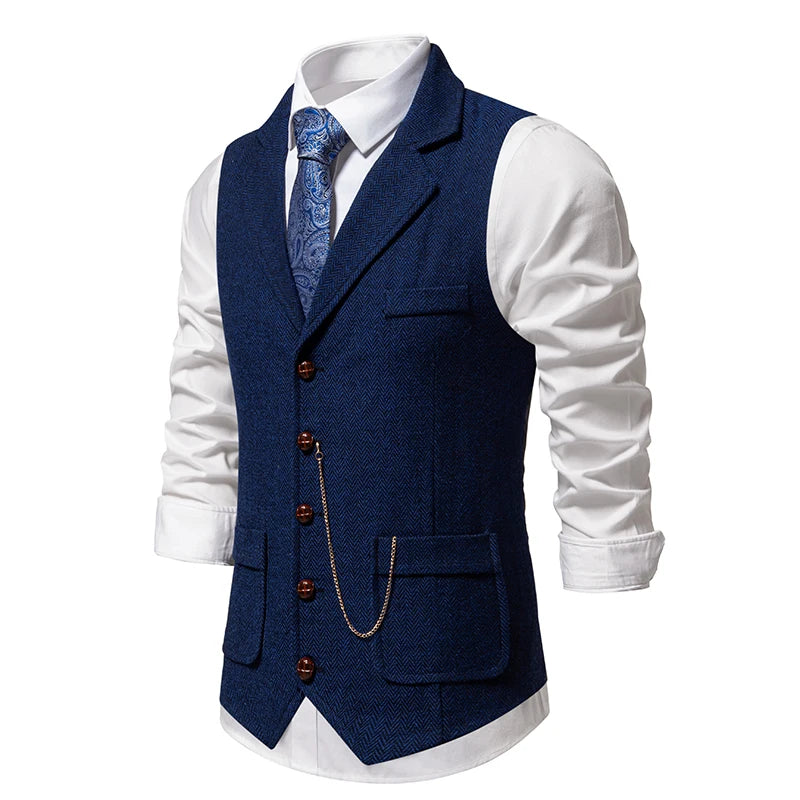 Men’s Tweed Waistcoat with Lapel and Chain – Herringbone Formal Vest in Grey, Brown, Blue