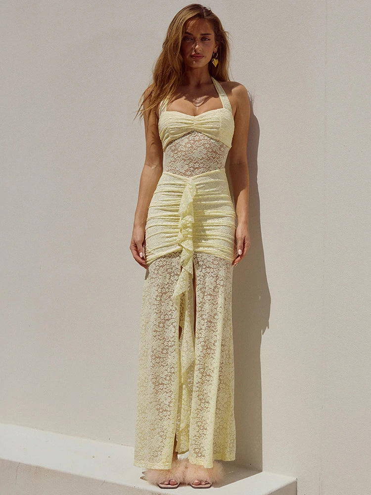 Nalani Halterneck Sheer Lace Maxi Dress – Summer Wedding Guest & Beach Occasion Dress in Pink, Yellow & White