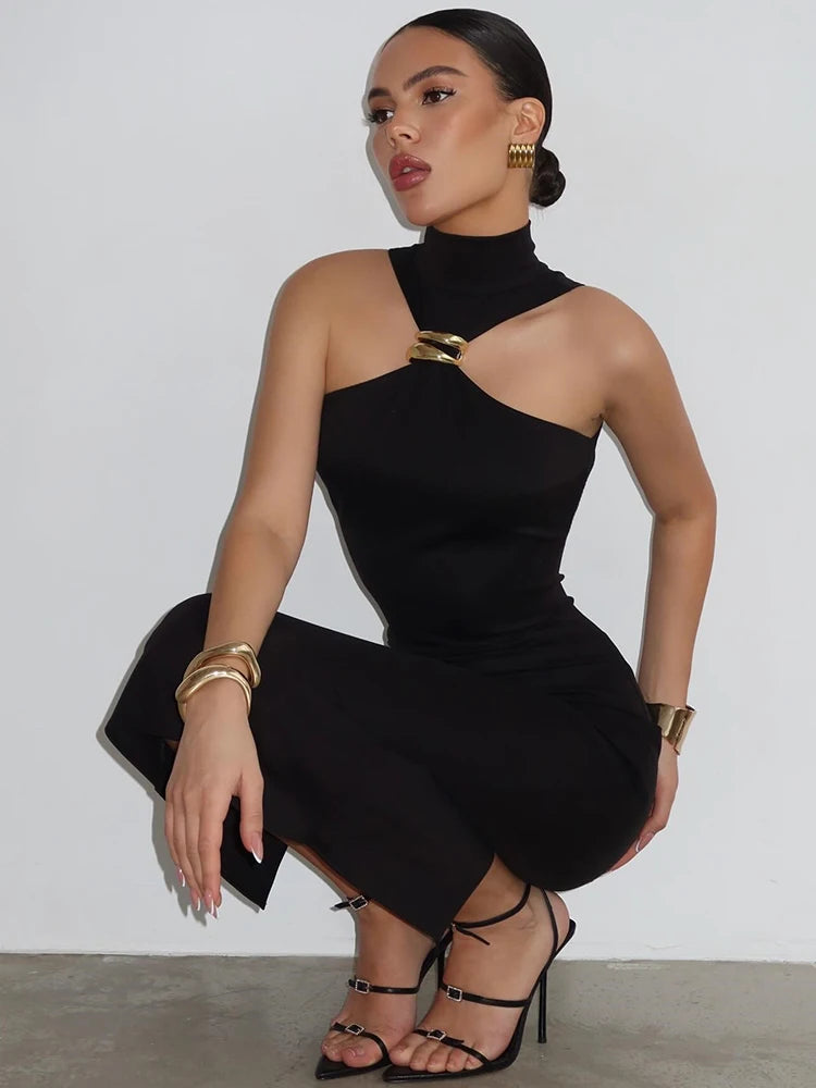 Amelina Sleeveless Black Midi Dress – High Neck Bodycon with Gold Accent Detail for Evening & Occasion Wear