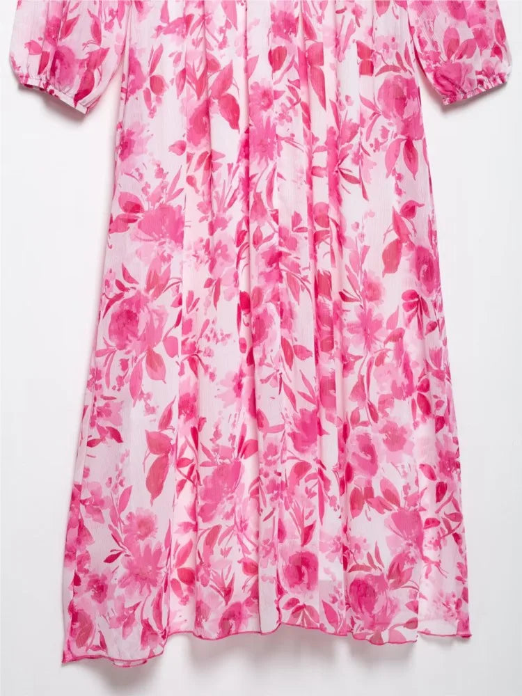 Sarella Ruffle Belted Midi Dress – Pink Floral V-Neck Long Sleeve Occasion Dress