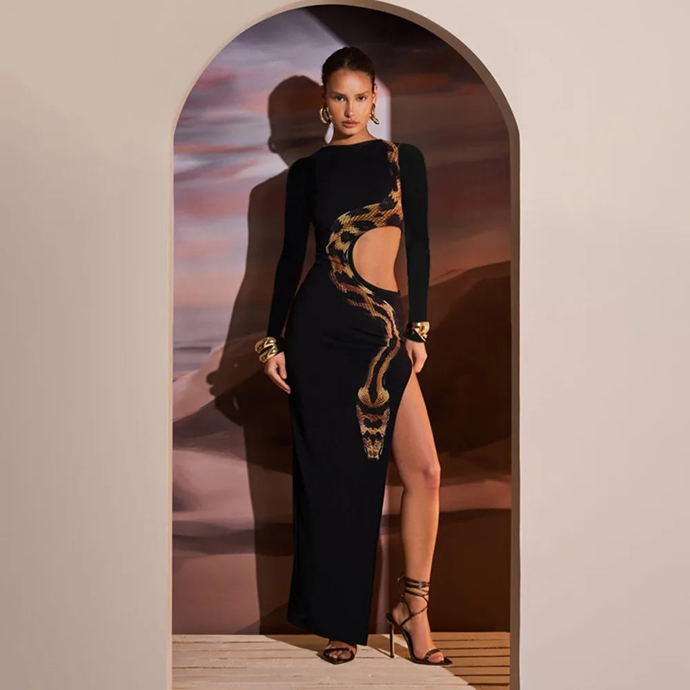 Virela Sleeveless Snake Print Cut-Out Bodycon Dress – Summer Party Dress with Side Slit