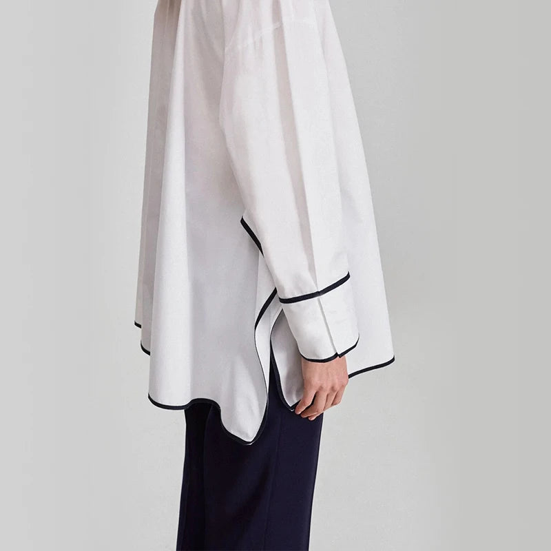 Noemie Logo Detail Cotton Blouse – Longline White Long Sleeve Shirt with Contrast Trim