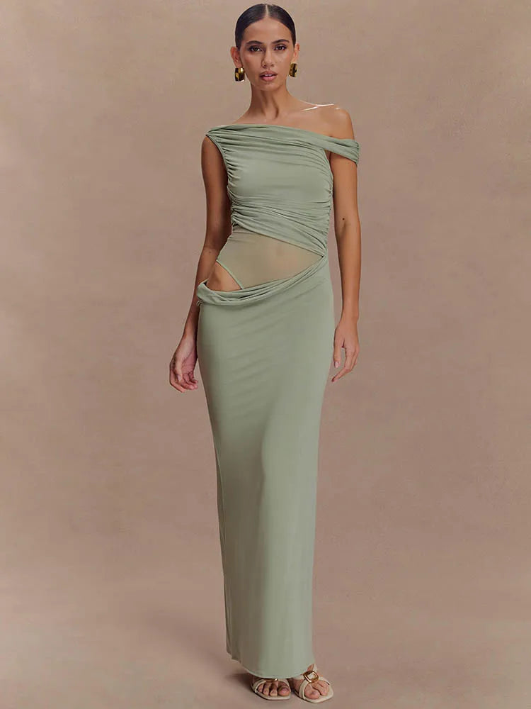 Marcelle One Shoulder Ruched Mesh Cut Out Maxi Dress – Black or Sage Green Summer Bodycon Gown