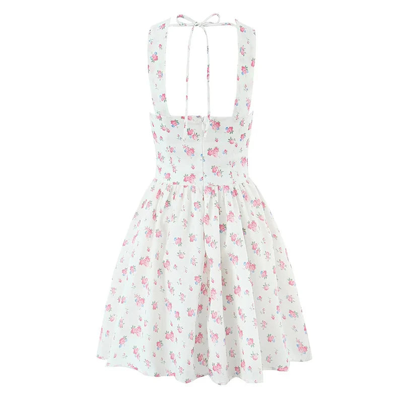 Lorina White Floral Corset Mini Dress – Sweetheart Babydoll Summer Sundress with Tie Straps
