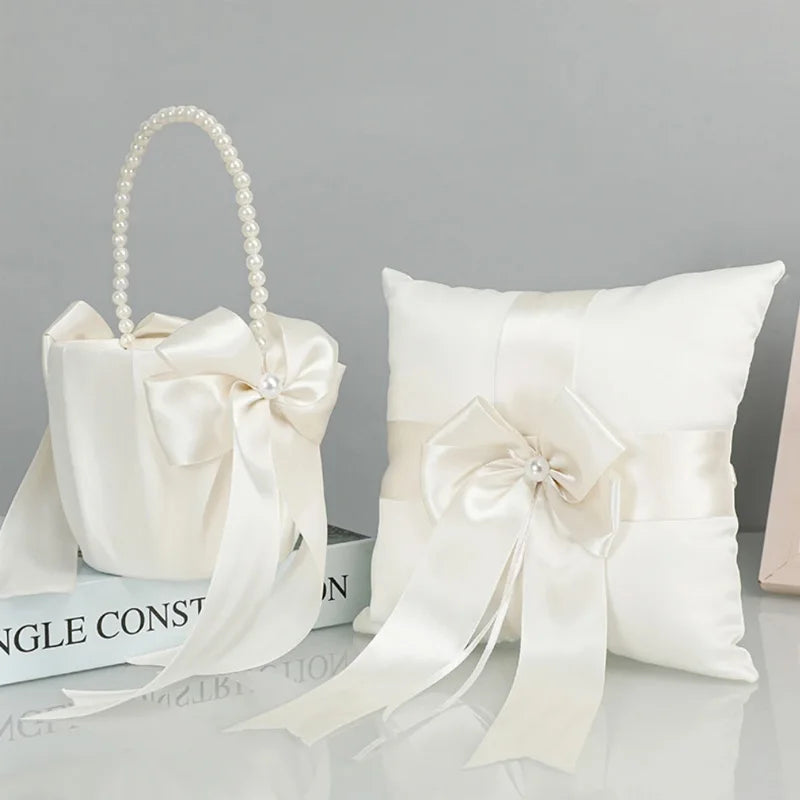 Ivory Satin Flower Girl Basket & Ring Cushion Set – Wedding Ceremony Accessories with Pearl Handle & Bow Detail