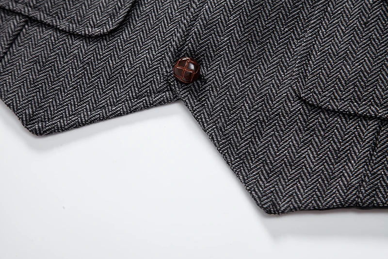 Men’s Tweed Waistcoat with Lapel and Chain – Herringbone Formal Vest in Grey, Brown, Blue