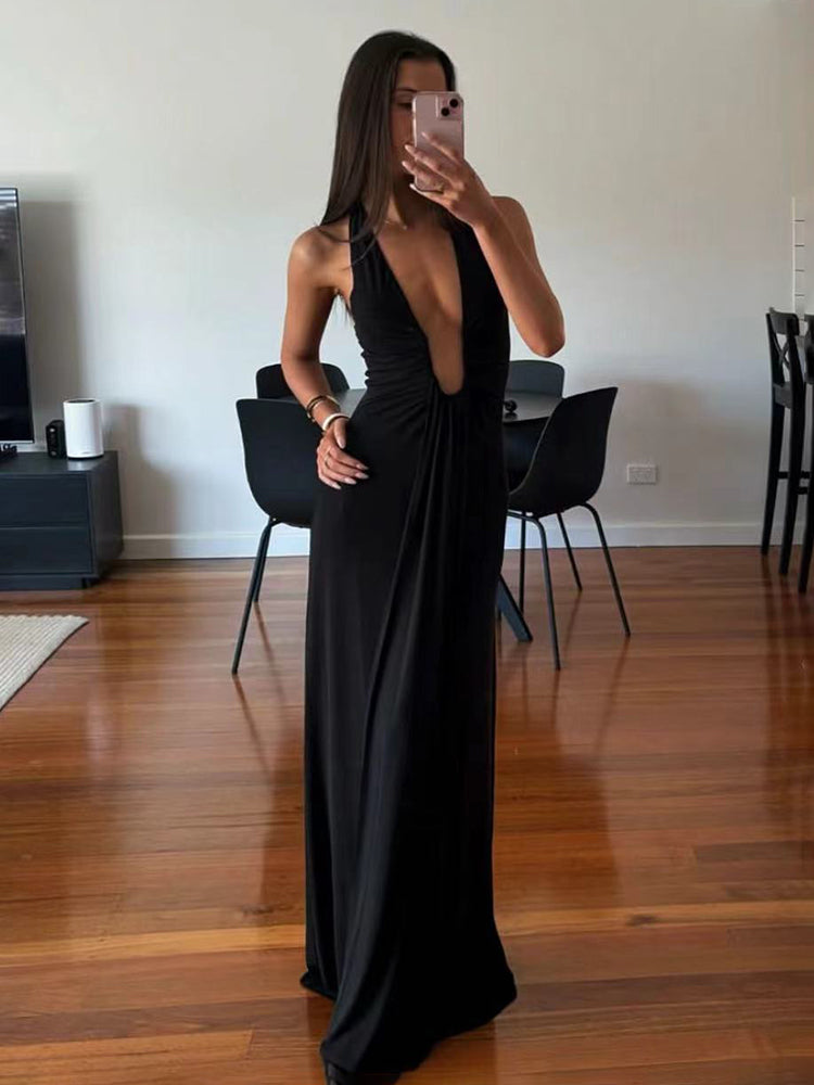 Savina Halterneck Plunge Ruched Maxi Dress – White, Chocolate Brown, Lilac, Silver & Black Summer Occasion Dress