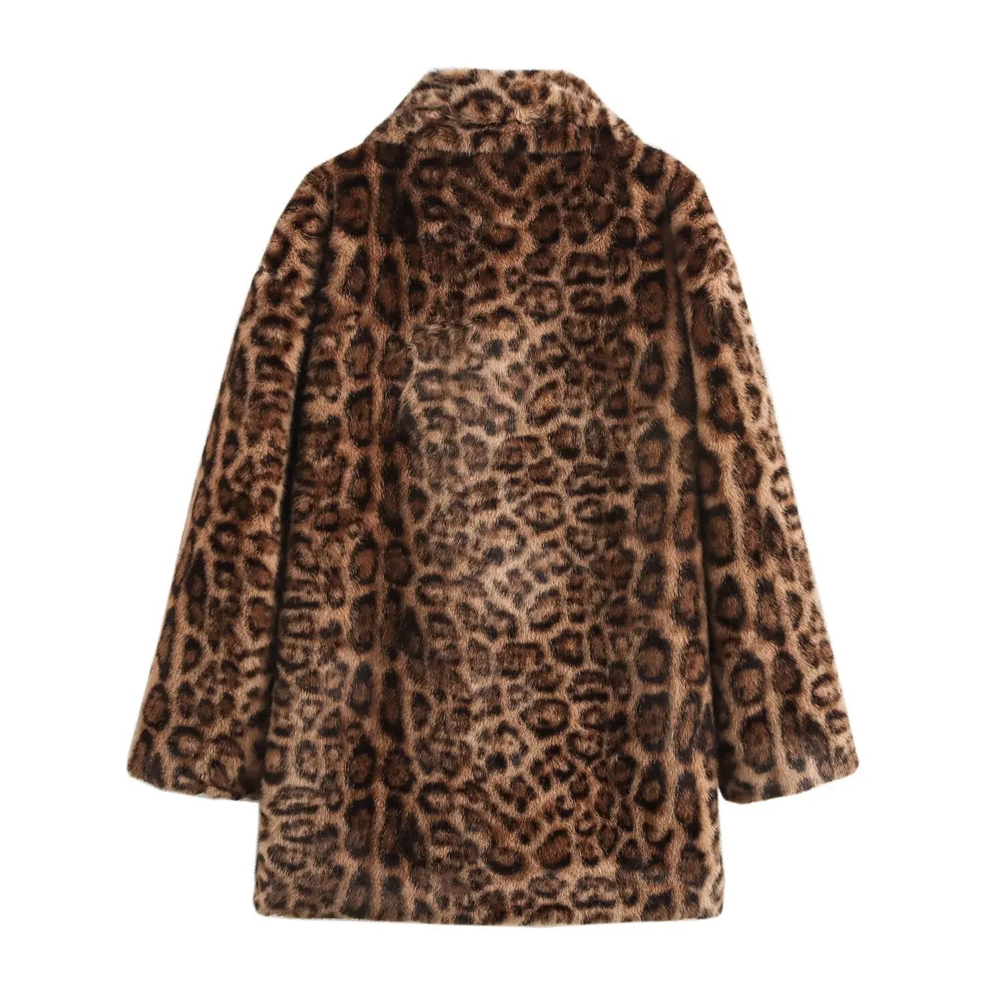 Corvelle Faux Fur Winter Jacket – Soft Plush Leopard Print Coat with Long Sleeves and Lapel Collar