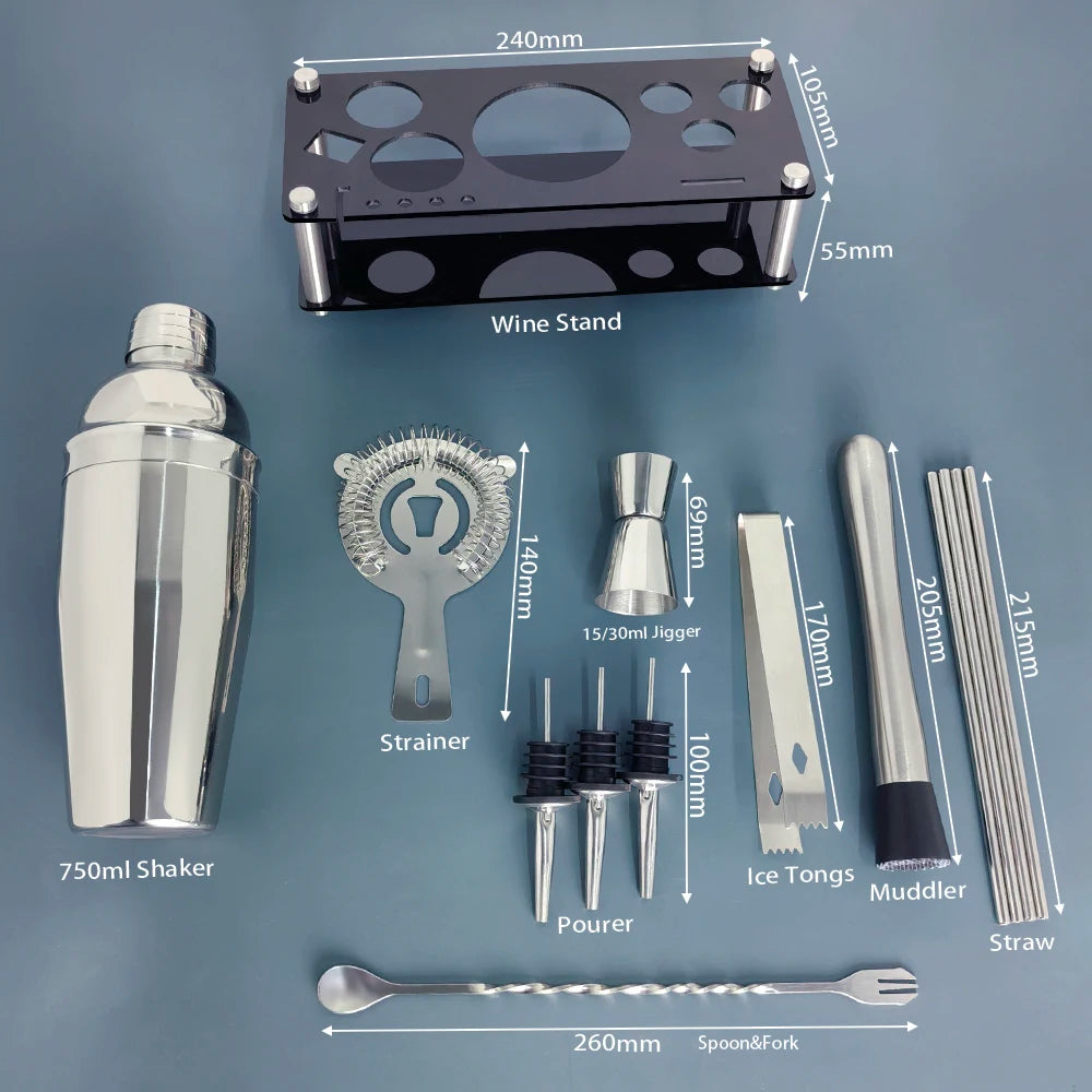 Stainless Steel Cocktail Shaker 13 Piece Set With Stand