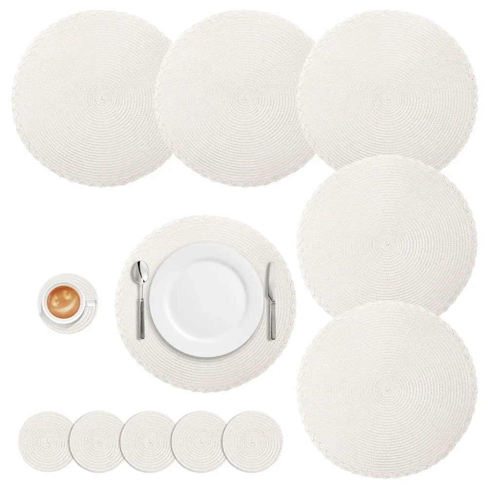 Woven Round Placemats and Coasters Set – 6-Piece Dining Table Mats