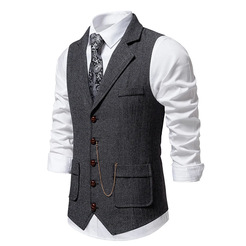 Men’s Tweed Waistcoat with Lapel and Chain – Herringbone Formal Vest in Grey, Brown, Blue