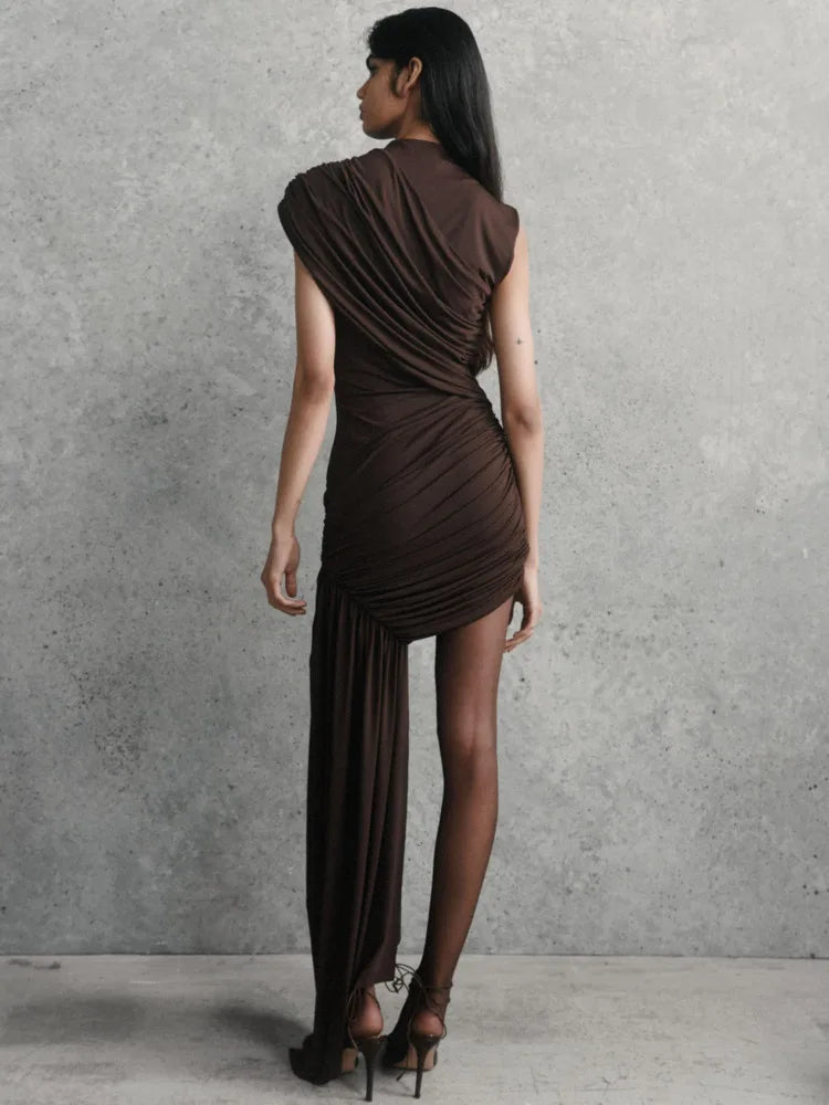 Sarena One-Shoulder Ruched Mini Dress – Asymmetric Drape Party Dress in Brown, Black, Cream, Beige or Claret