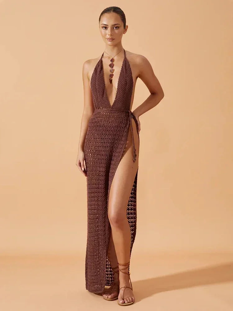Varelle Crochet Halter Maxi Dress – Deep Plunge Beach Cover Up