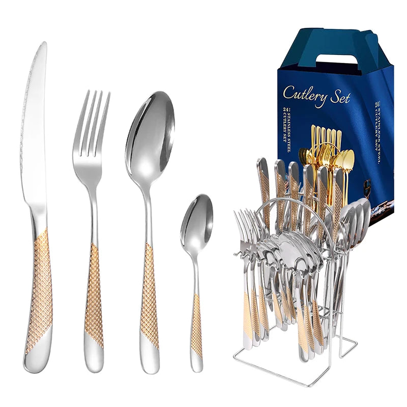 24-Piece Stainless Steel Cutlery Set with Stand – Gold & Silver Knife, Fork, Spoon Flatware Set for Dining