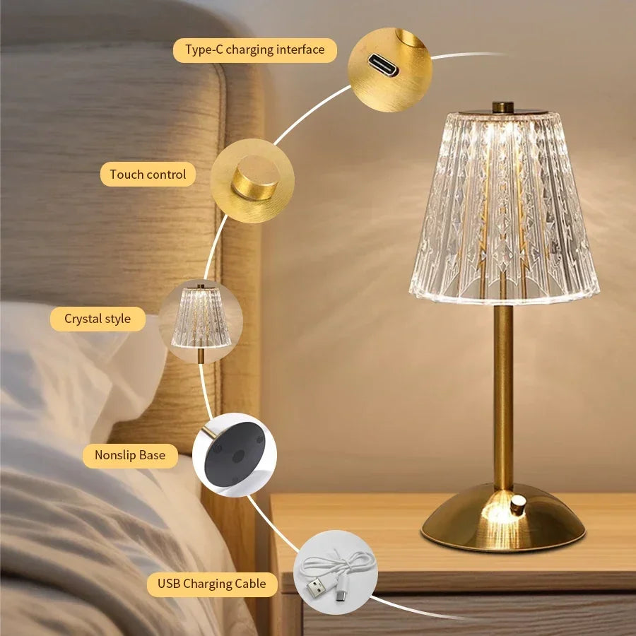 Aurora Crystal Touch LED Table Lamp – Gold Dimmable Bedside & Dining Lamp with 3 Light Settings