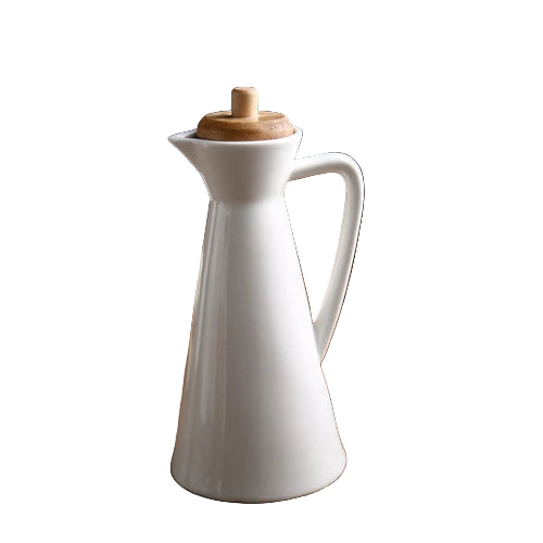 Ceramic Oil and Vinegar Dispenser Bottle with Wooden Lid – Modern Drizzle Jug for Olive Oil & Dressing