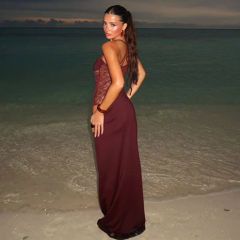 Soraya Tie-Strap Lace Bodysuit Maxi Dress – Black, Burgundy or Yellow Holiday & Occasion Dress