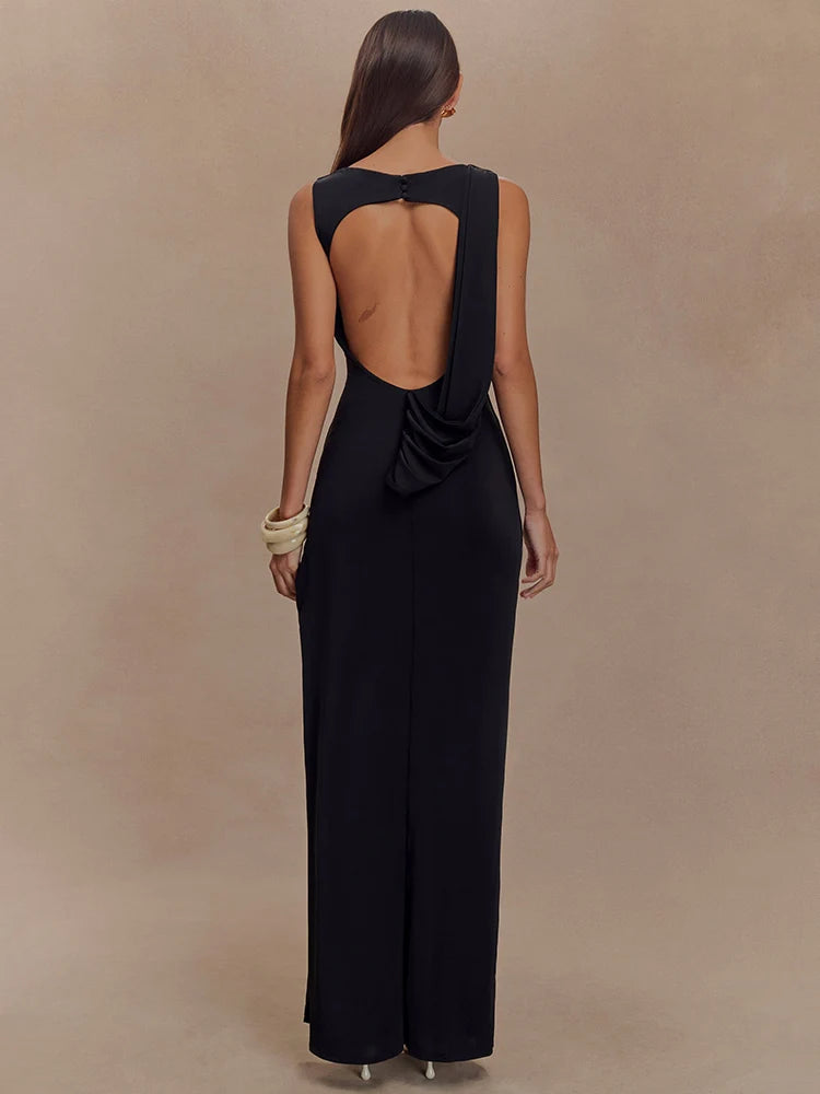 Delara Ivory Ruched Maxi Dress – Elegant Sleeveless High Slit Evening Gown for Summer Events- Ivory, Black, Blue