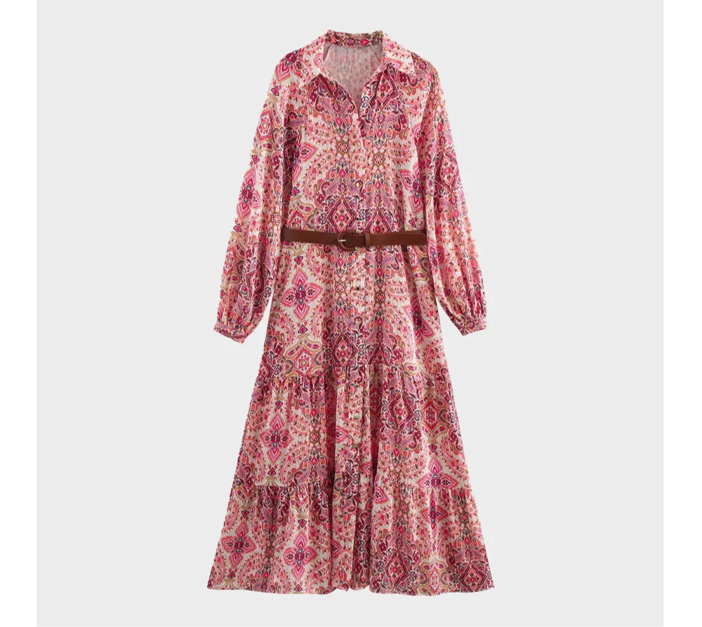 Maya Paisley Print Long Sleeve Maxi Shirt Dress – Chic Bohemian Day Dress