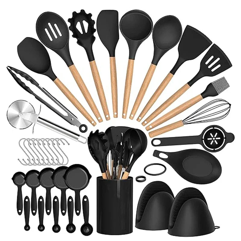 36-Piece Silicone Kitchen Utensil Set with Holder – Heat-Resistant Cooking Tools in Black, Beige or Grey