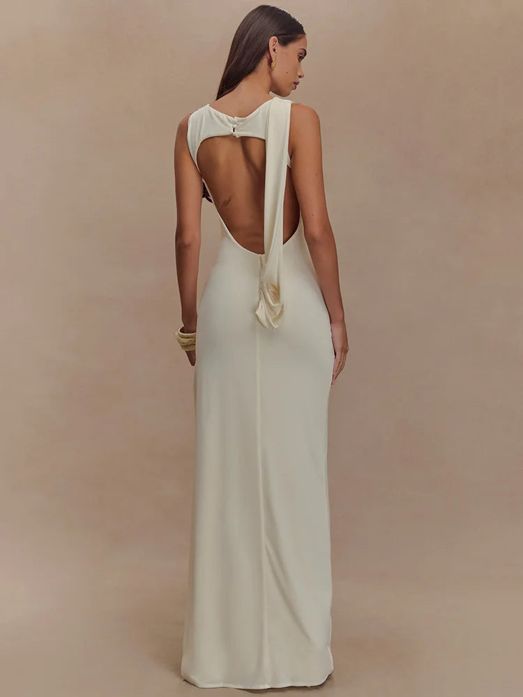 Delara Ivory Ruched Maxi Dress – Elegant Sleeveless High Slit Evening Gown for Summer Events- Ivory, Black, Blue