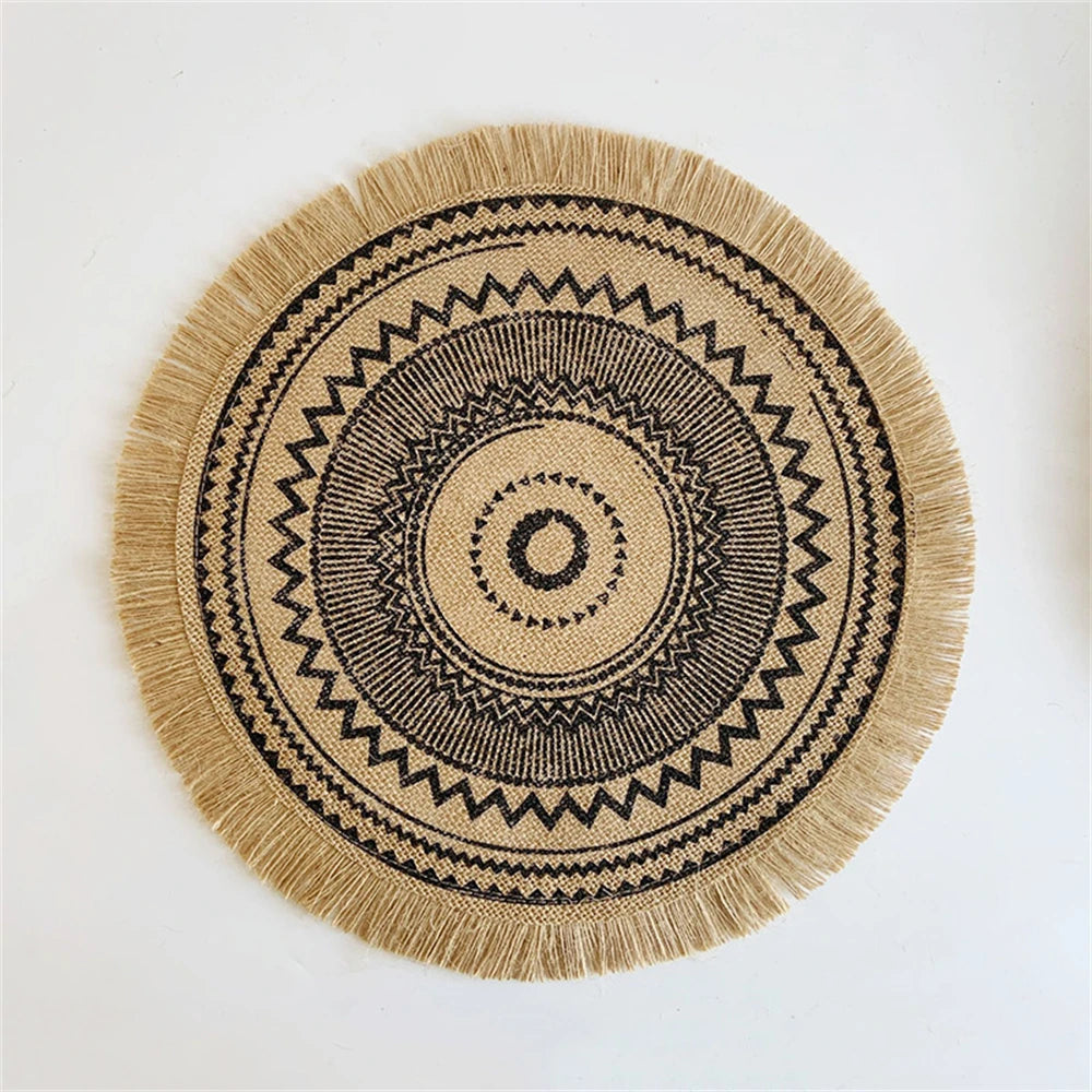 Boho Jute Round Placemats with Tassels – 38cm Natural Woven Table Mats for Rustic Dining & Home Decor