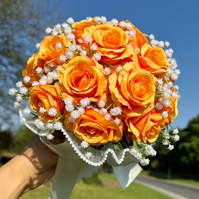 Elodie Peach and Ivory Rose Bridal Bouquet – Wedding Flowers with Pearl Trim