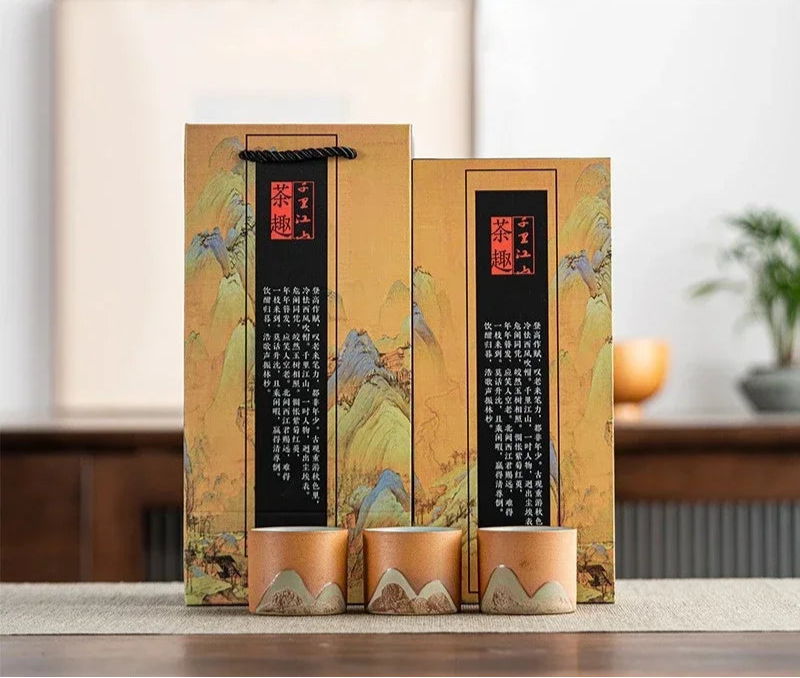 Mountain Landscape Ceramic Tea Cup Gift Set – 3-Piece Handmade Cups with Traditional Art Gift Box